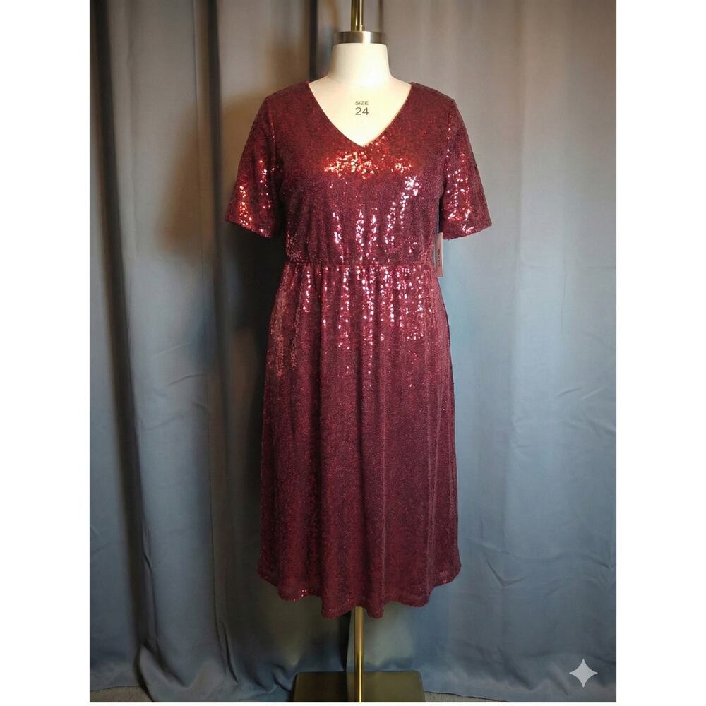 BloomChic Burgundy Sequin V-Neck Midi Dress